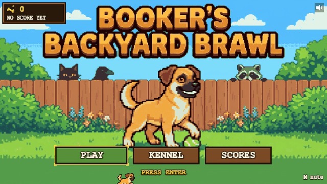 Booker's Backyard Brawl title screen: Booker in the backyard with a cat, crow, and raccoon on the fence