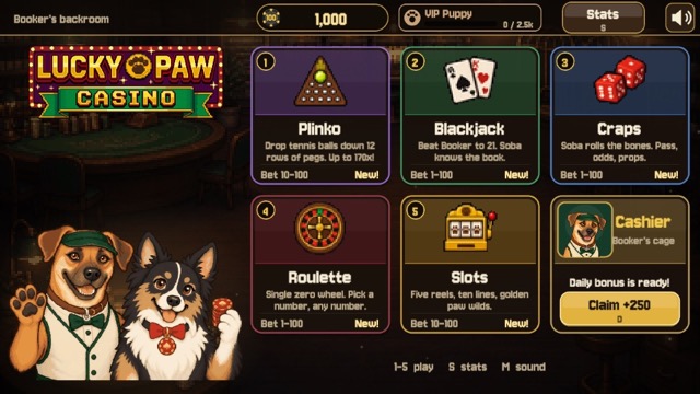 Lucky Paw Casino lobby with Plinko, Blackjack, Craps, Roulette, and Slots