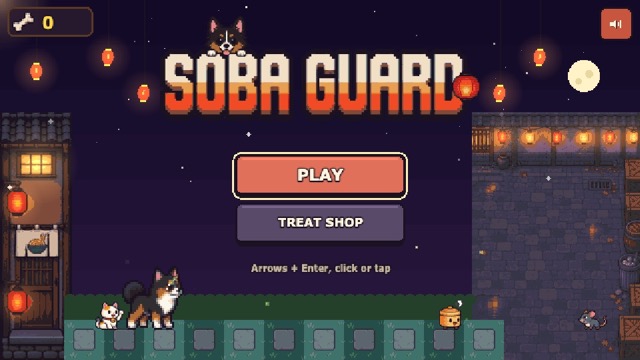 Soba Guard title screen: Soba guarding the garden at night
