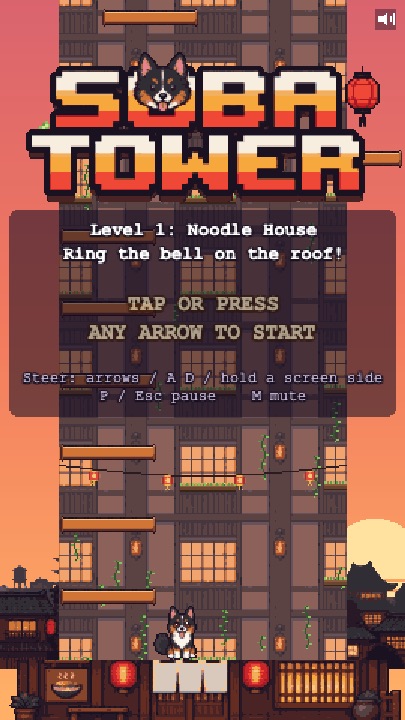 Soba Tower title screen: Soba at the foot of a noodle-house tower